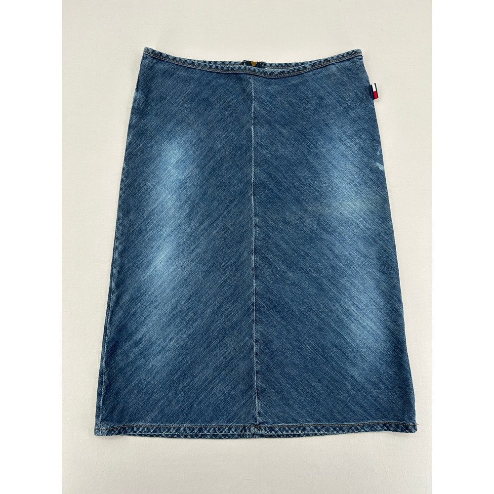 Tommy Jeans Womens Blue Denim Midi A-Line Skirt Size 3 Zip Vintage